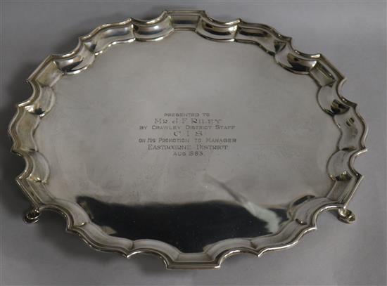 An Edwardian silver salver with later inscription, London, 1909, 26 oz.